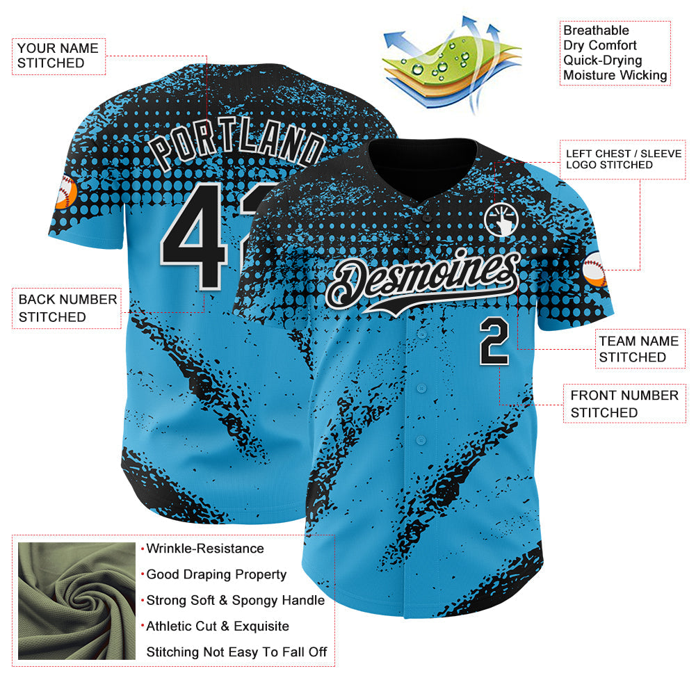 Custom Black Sky Blue-White 3D Pattern Design Splash Grunge Fragment Authentic Baseball Jersey