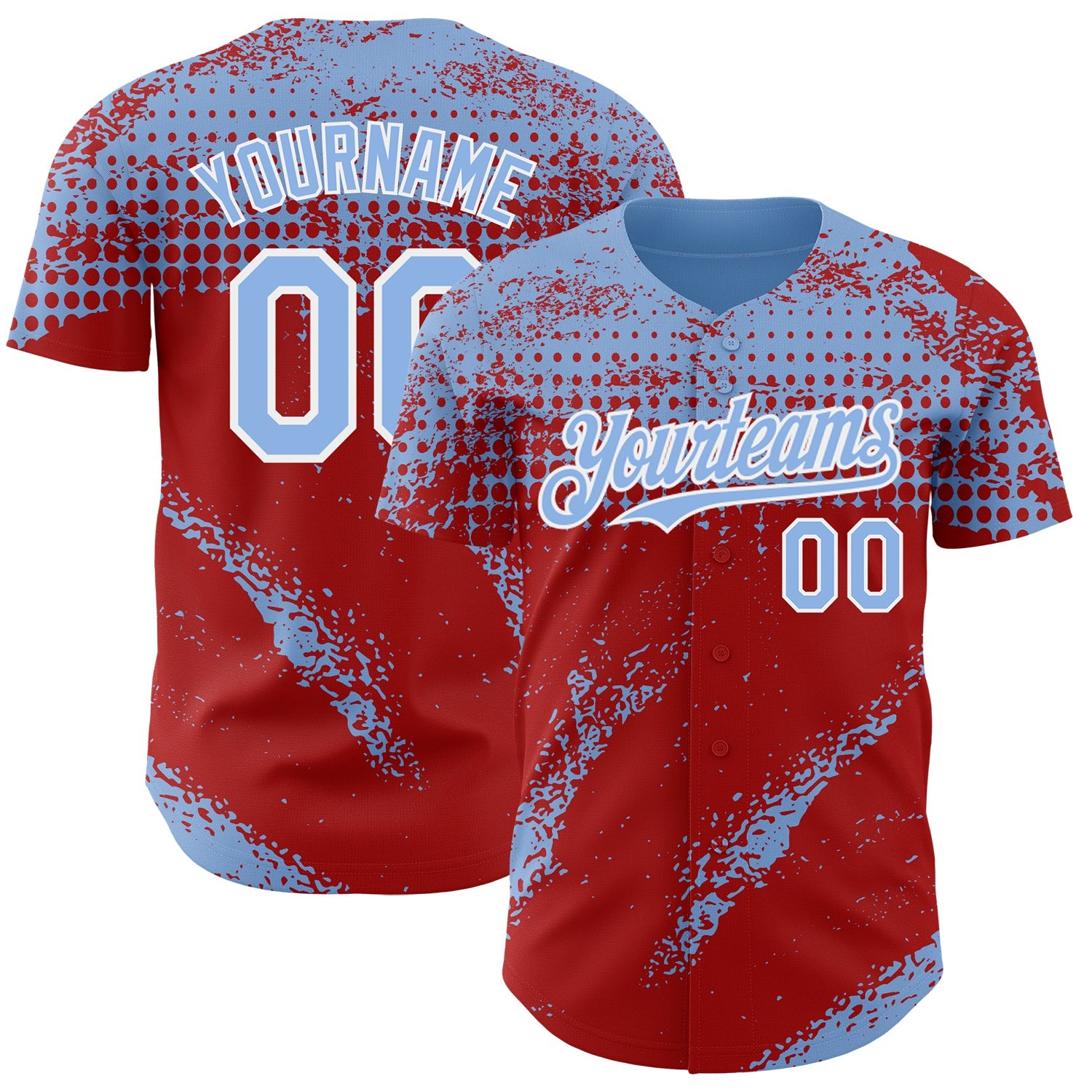 Custom Light Blue Red-White 3D Pattern Design Splash Grunge Fragment Authentic Baseball Jersey