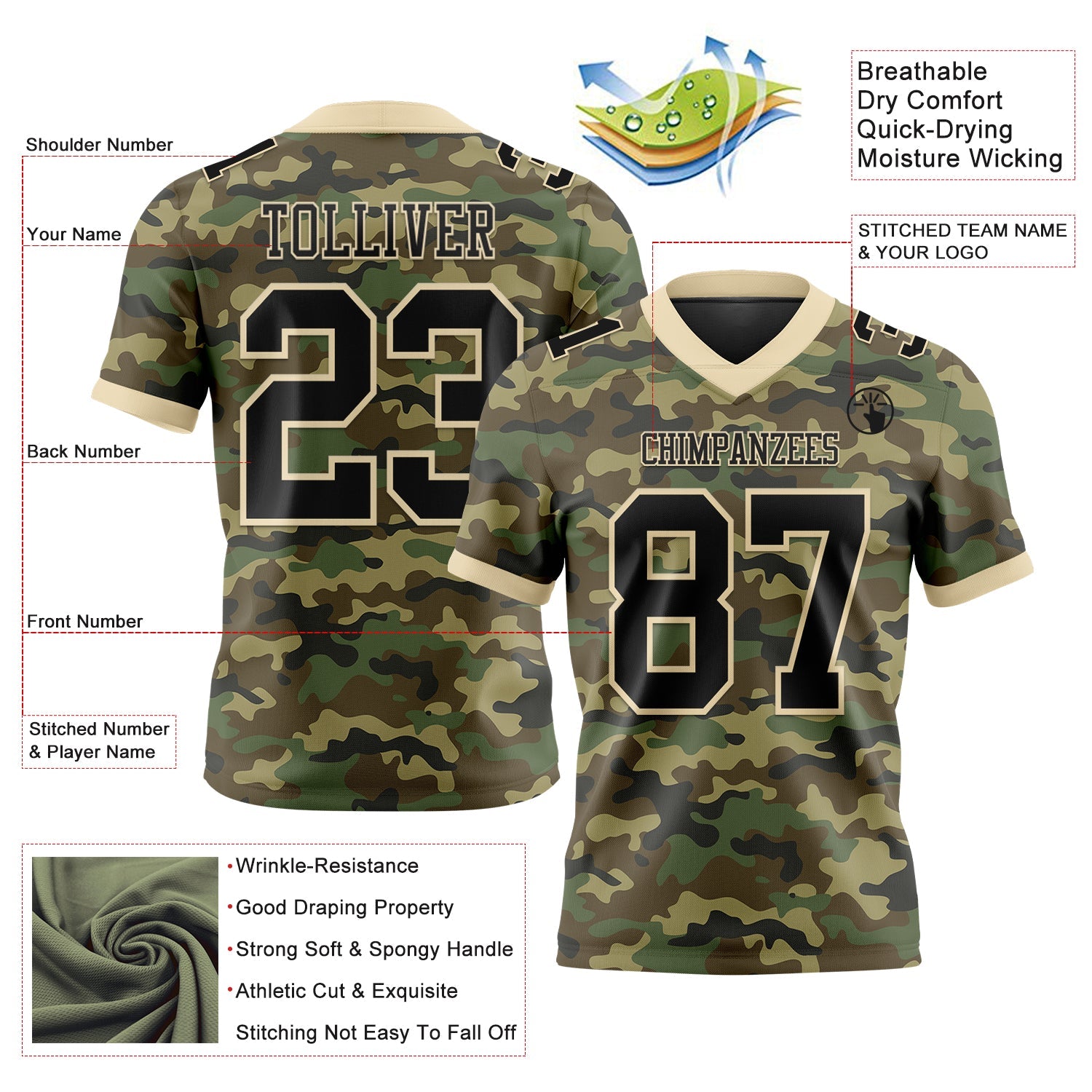 Custom Camo Black-Cream 3D Pattern Salute To Service Authentic Football Jersey