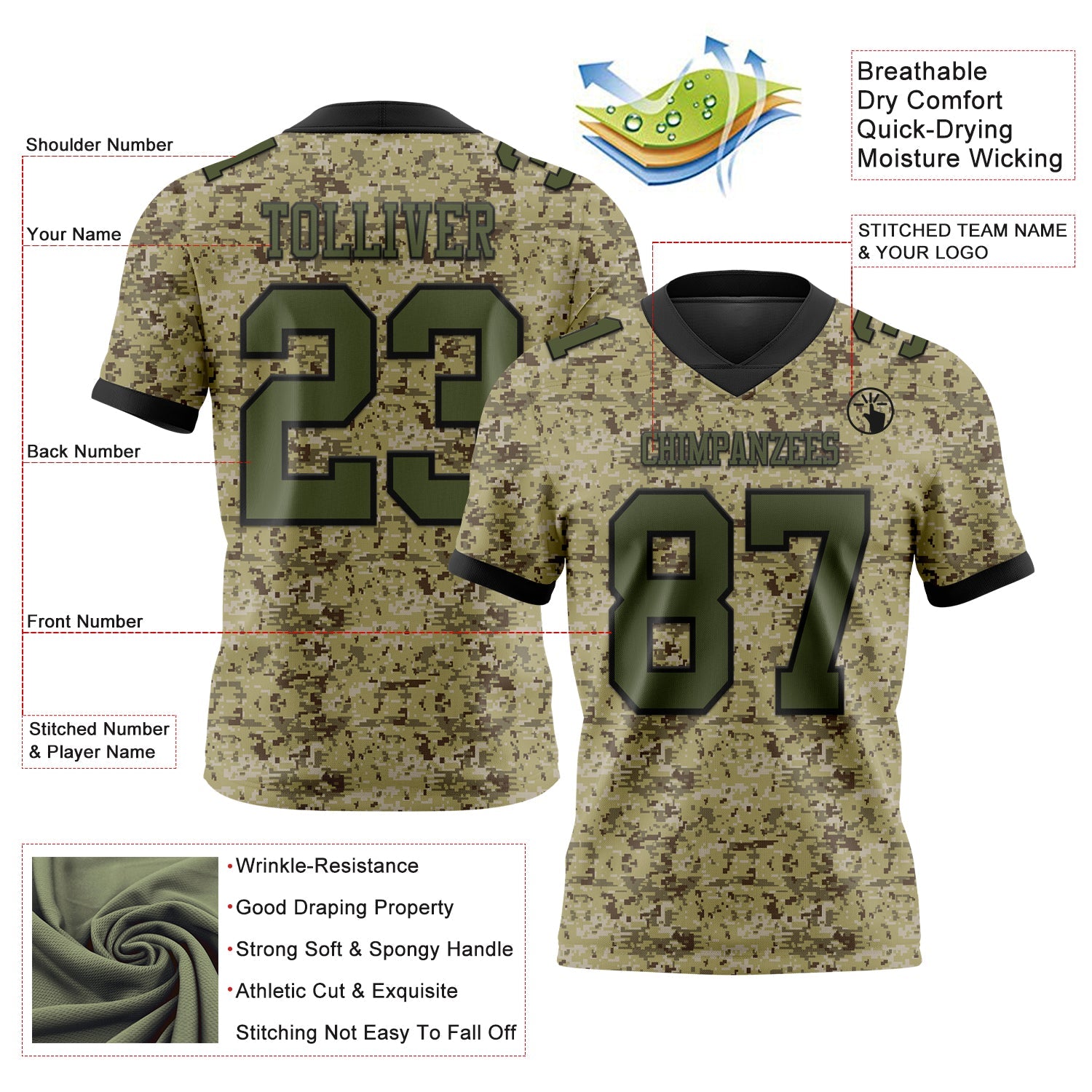 Custom Camo Olive-Black 3D Pattern Salute To Service Authentic Football Jersey