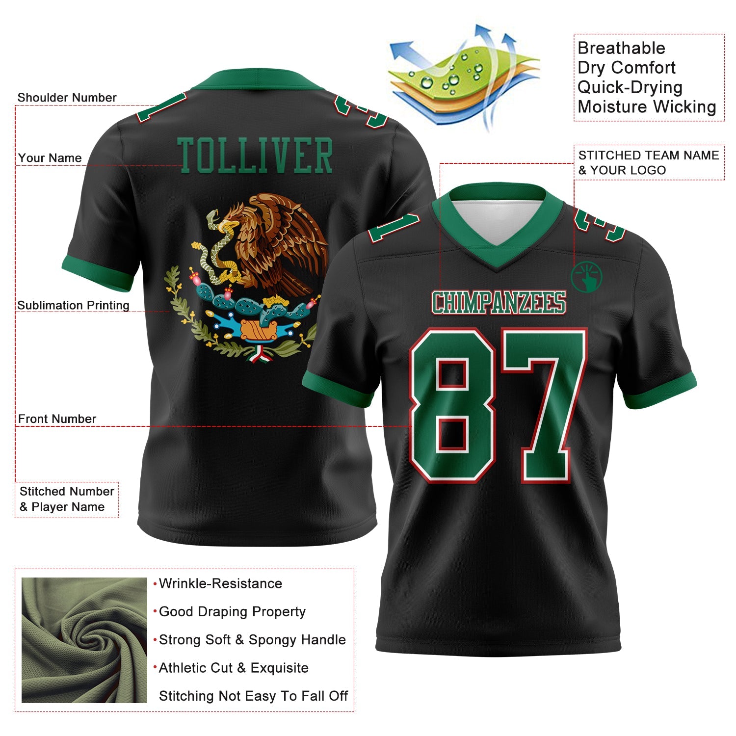 Custom Black Kelly Green White-Red 3D Pattern Mexico Authentic Football Jersey