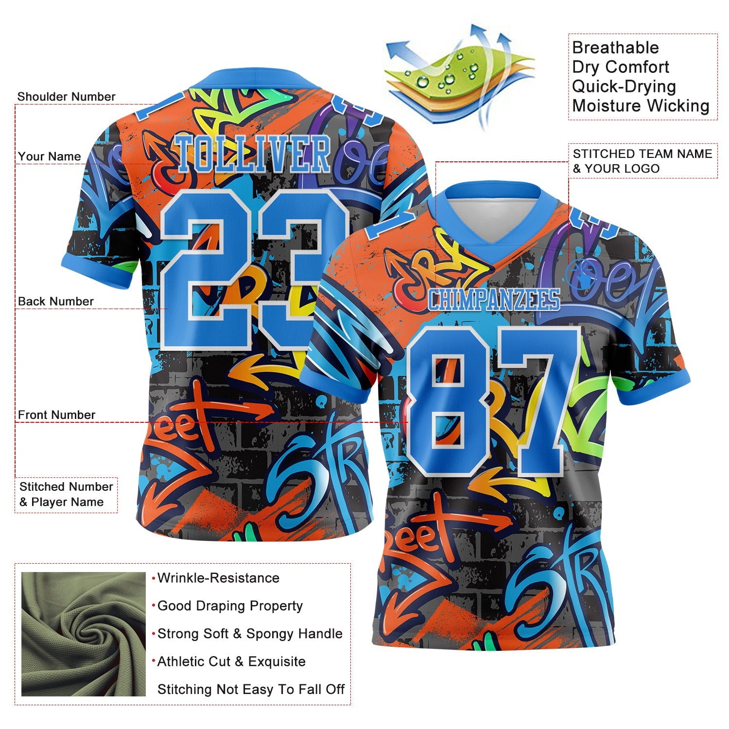 Custom Graffiti Pattern Powder Blue-White 3D Pattern Splash Authentic Football Jersey