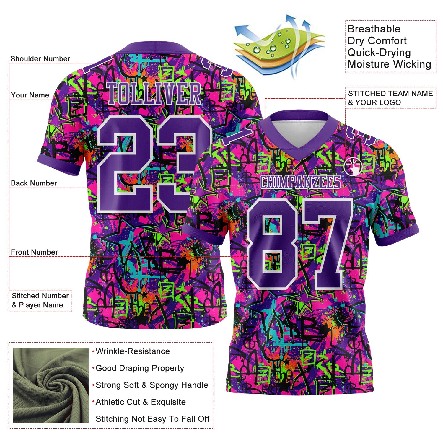 Custom Graffiti Pattern Purple-White 3D Pattern Splash Authentic Football Jersey