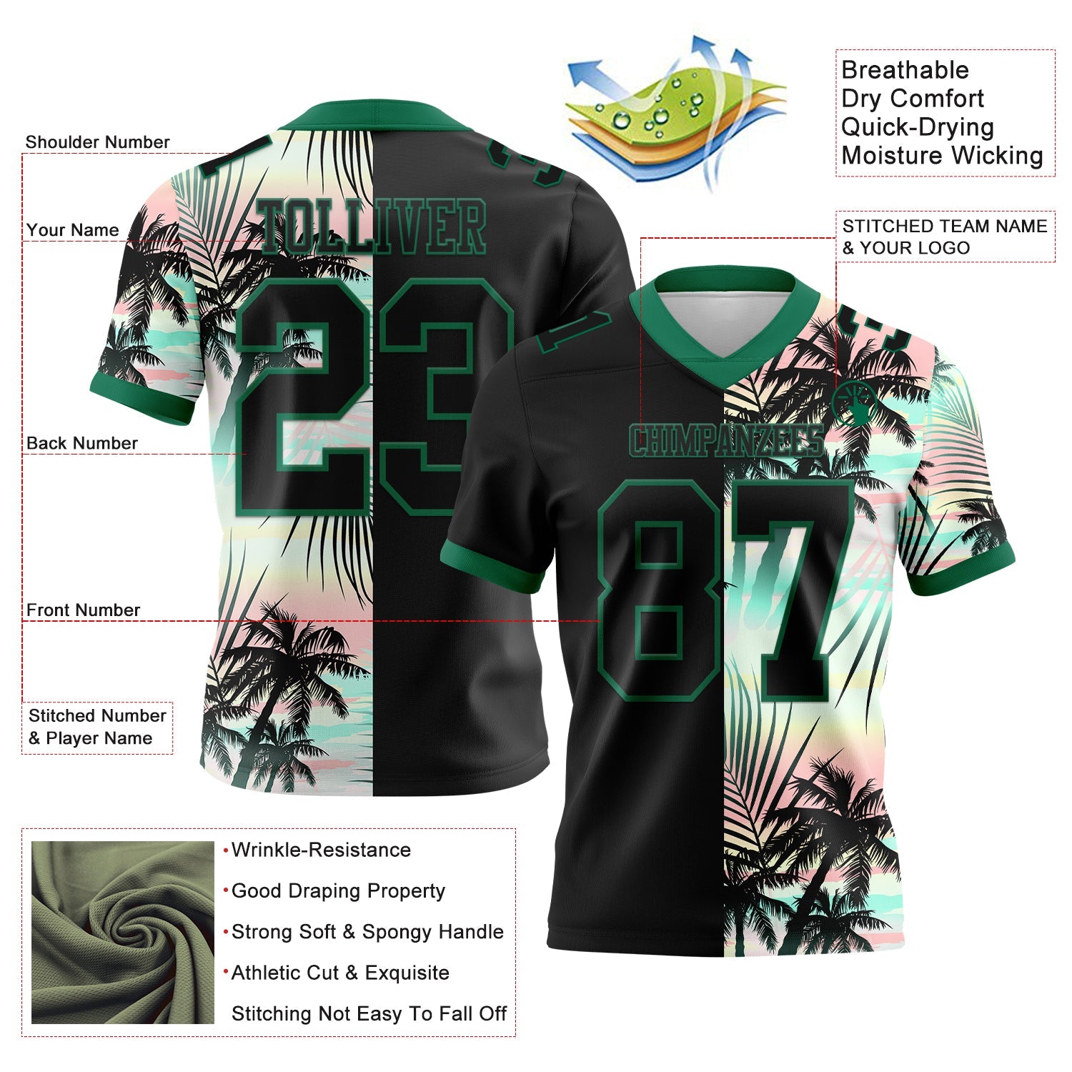 Custom Black Kelly Green 3D Pattern Tropical Hawaii Palm Leaves Authentic Football Jersey