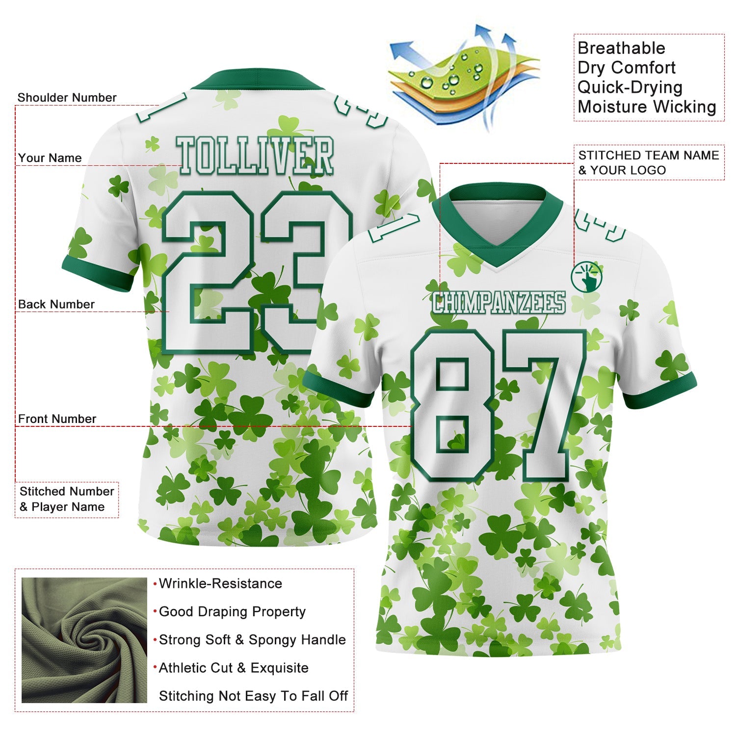 Custom White Kelly Green 3D Pattern St. Patrick's Day Authentic Football Jersey