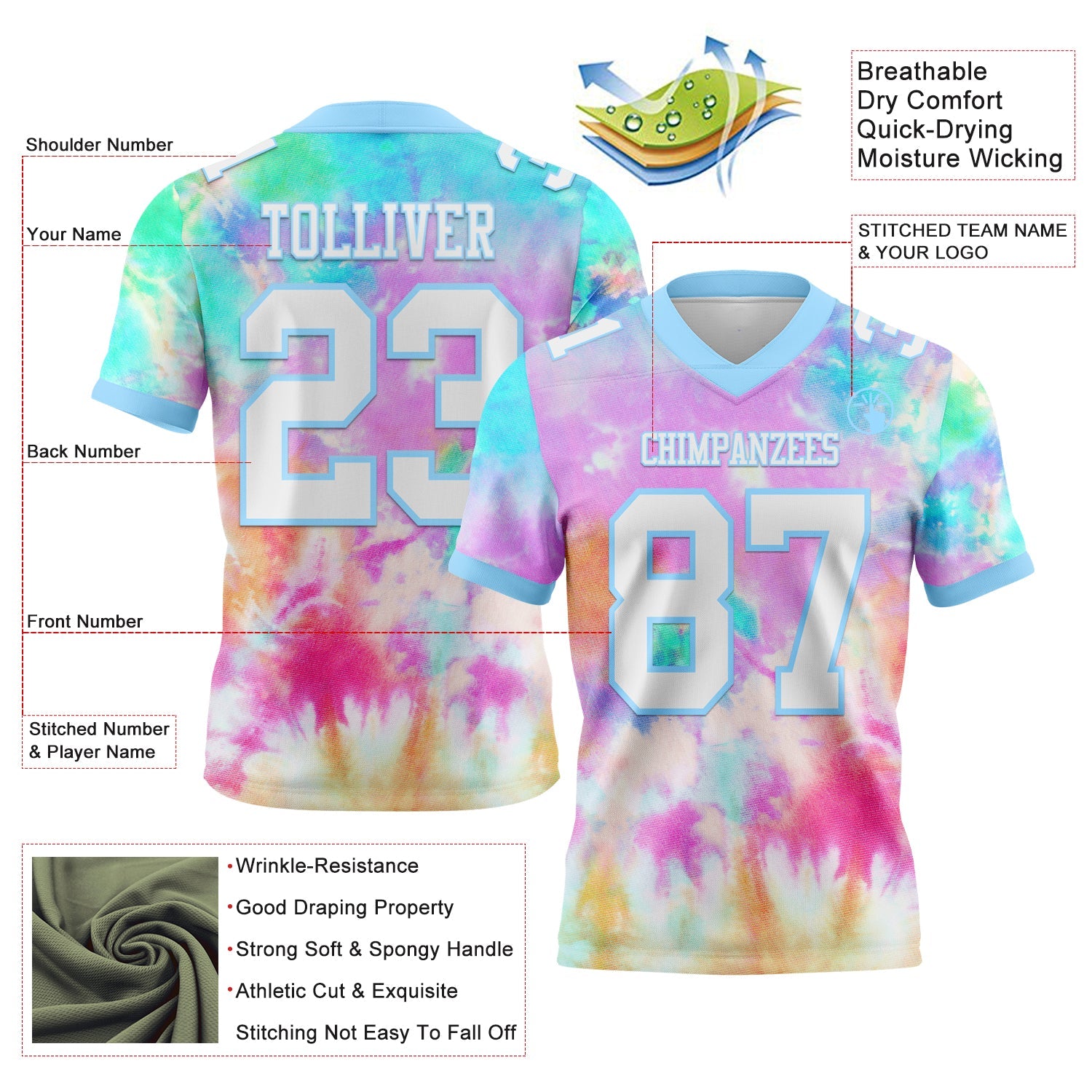 Custom Tie Dye White-Light Blue 3D Pattern Rainbow Authentic Football Jersey