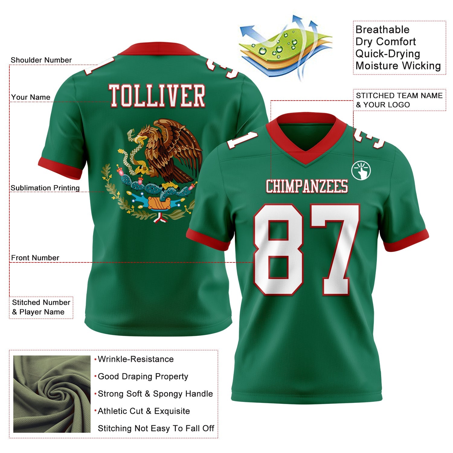 Custom Kelly Green White-Red 3D Pattern Mexico Authentic Football Jersey