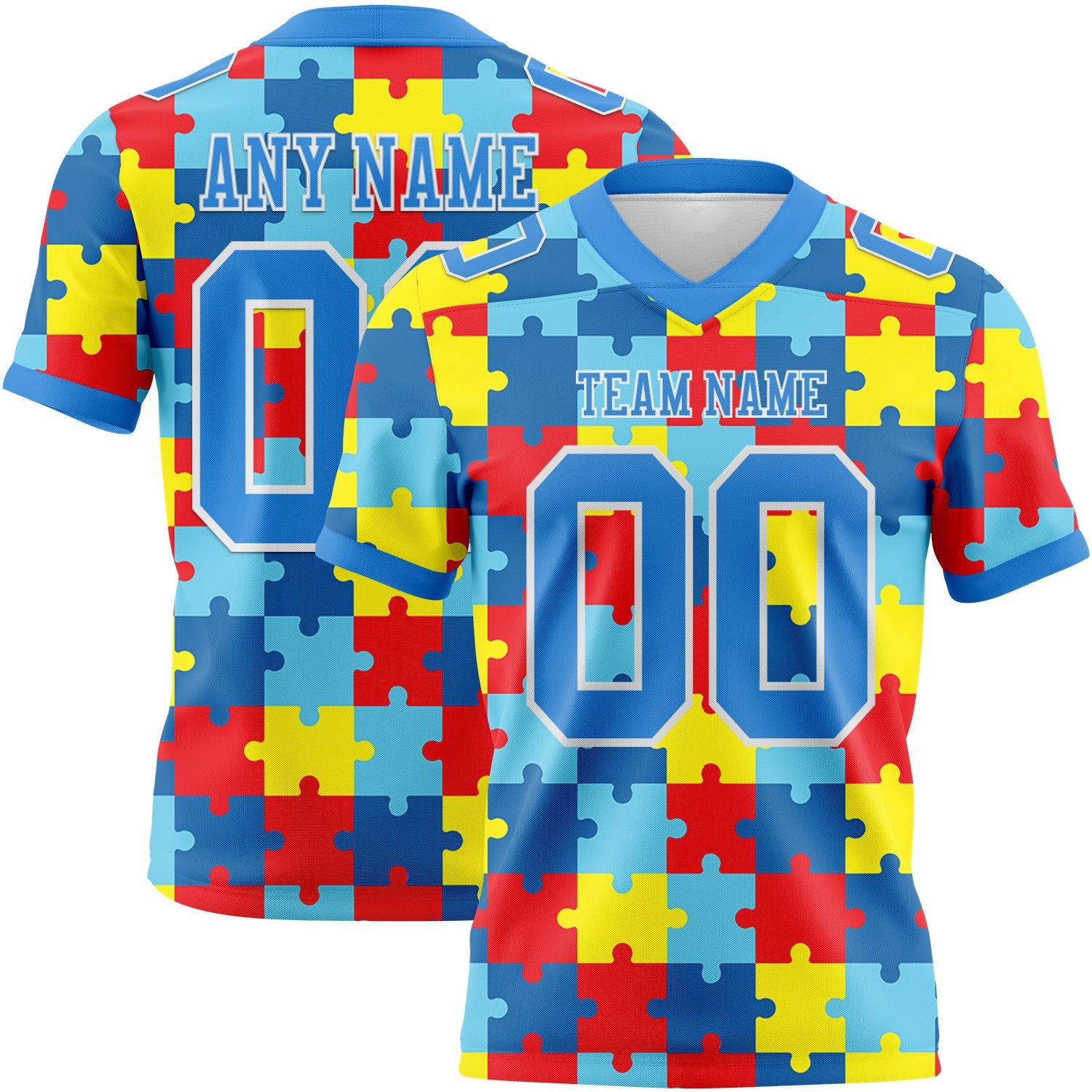 Custom Powder Blue White 3D Pattern Autism Supporter Awareness Puzzle Pieces Authentic Football Jersey