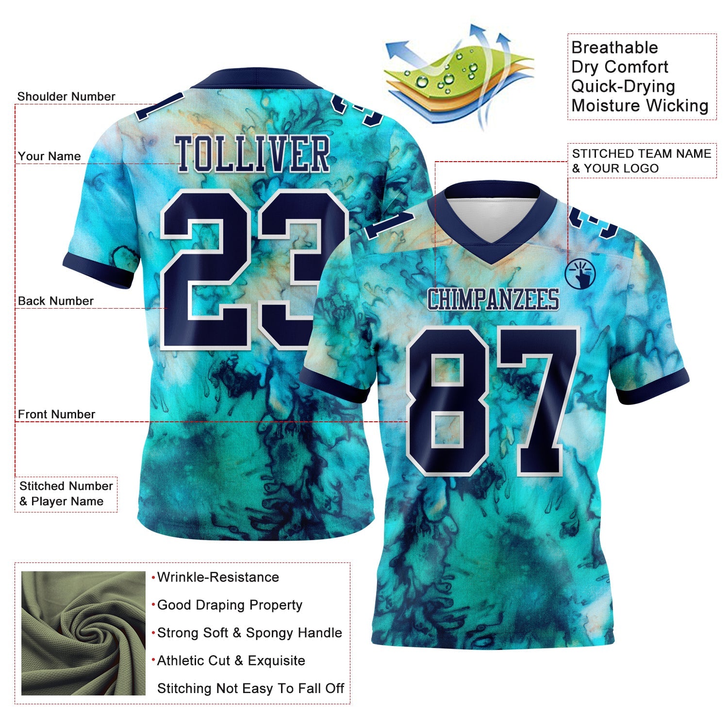 Custom Tie Dye Navy-White 3D Pattern Authentic Football Jersey