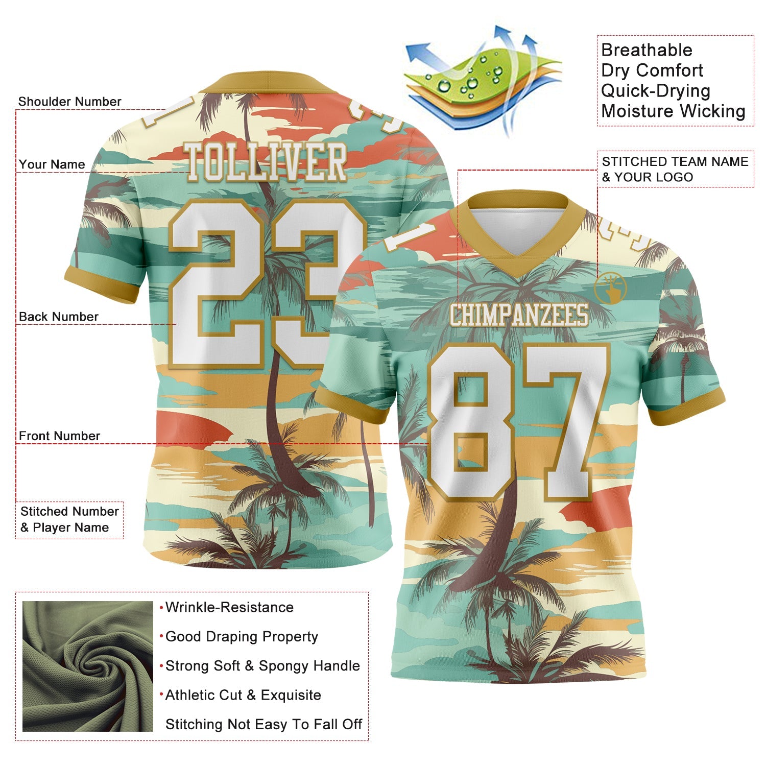 Custom Aqua White-Old Gold 3D Pattern Tropical Hawaii Palm Trees Authentic Football Jersey