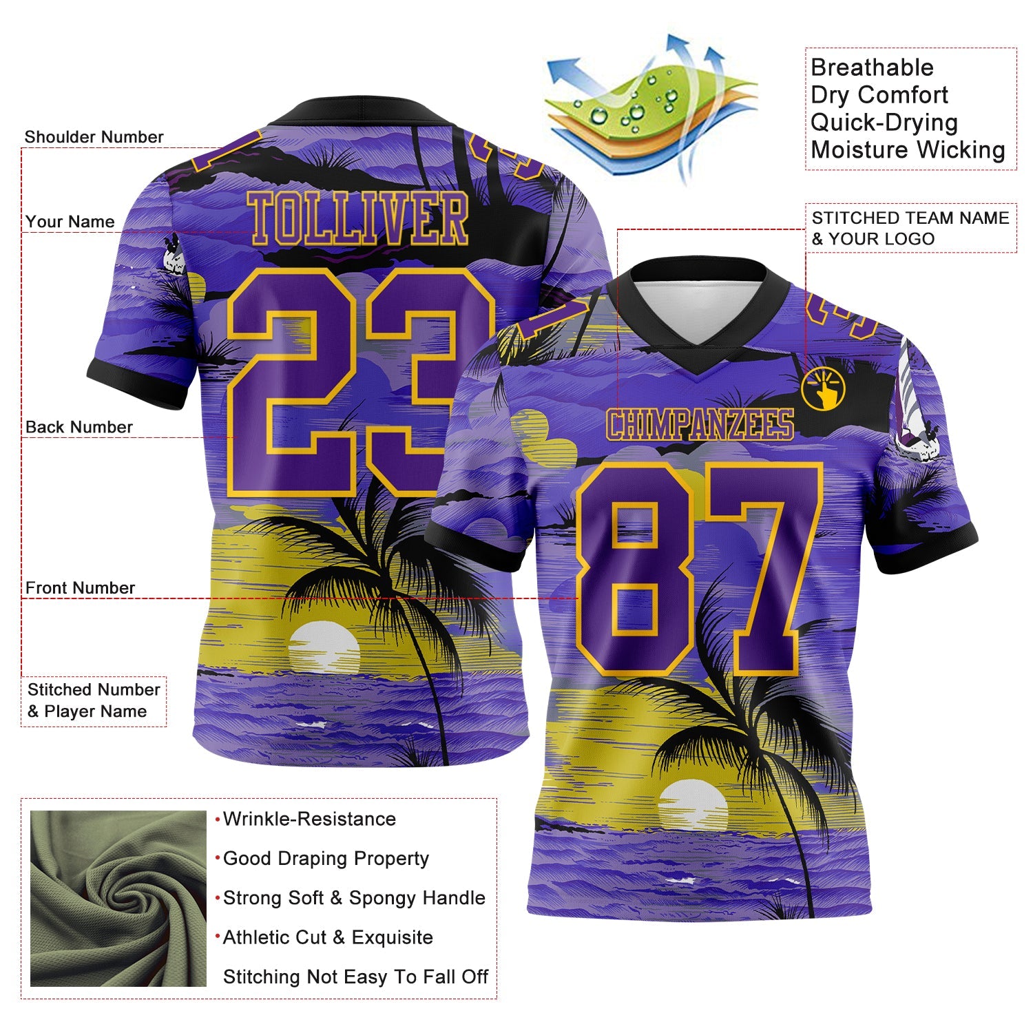 Custom Purple Black-Yellow 3D Pattern Sun Beach Hawaii Palm Trees Authentic Football Jersey