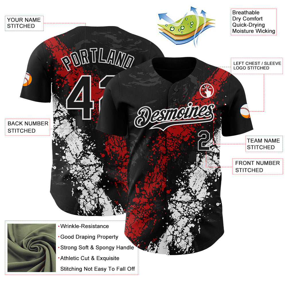 Custom Black Red-White 3D Pattern Design Splash Authentic Baseball Jersey