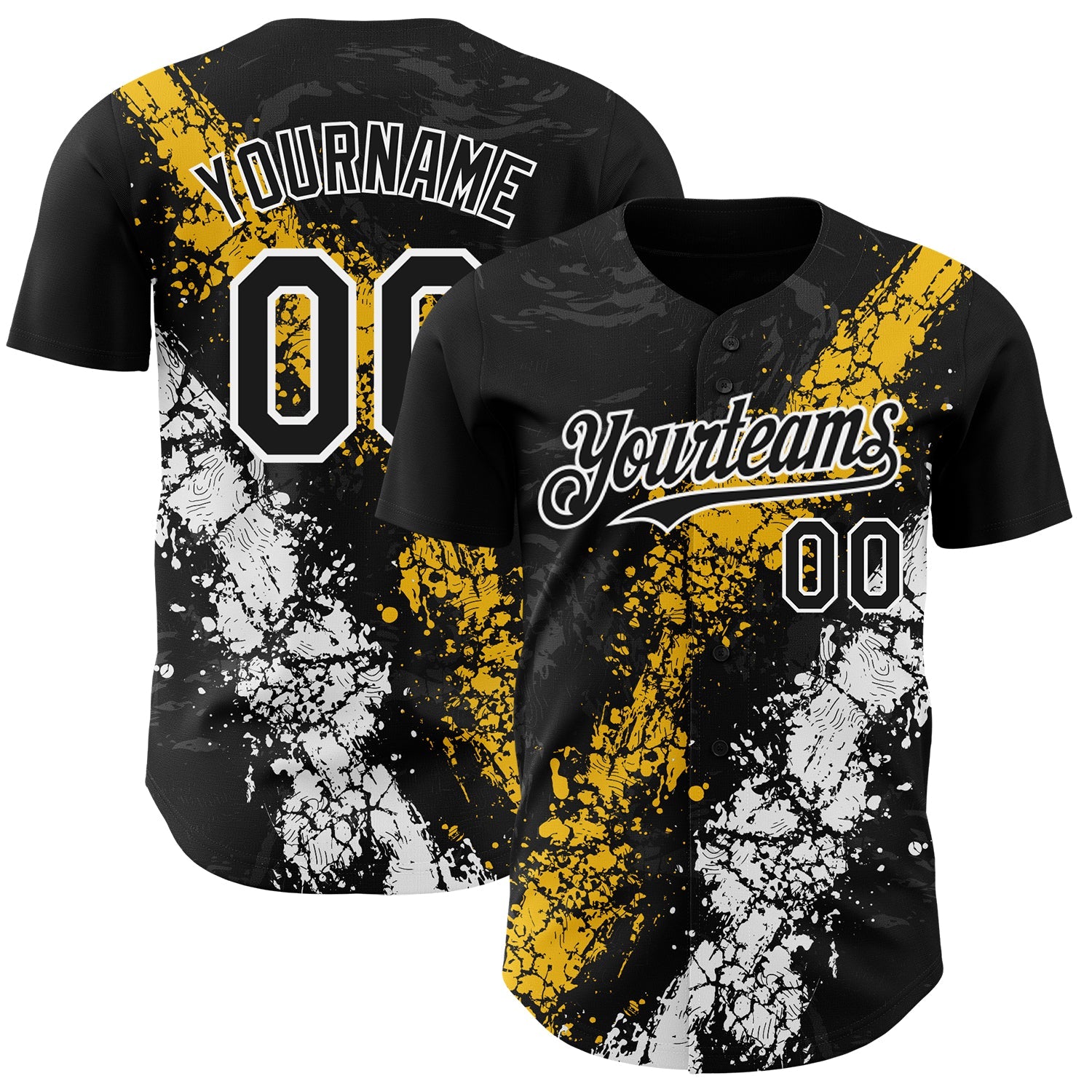 Custom Black Yellow-White 3D Pattern Design Splash Authentic Baseball Jersey