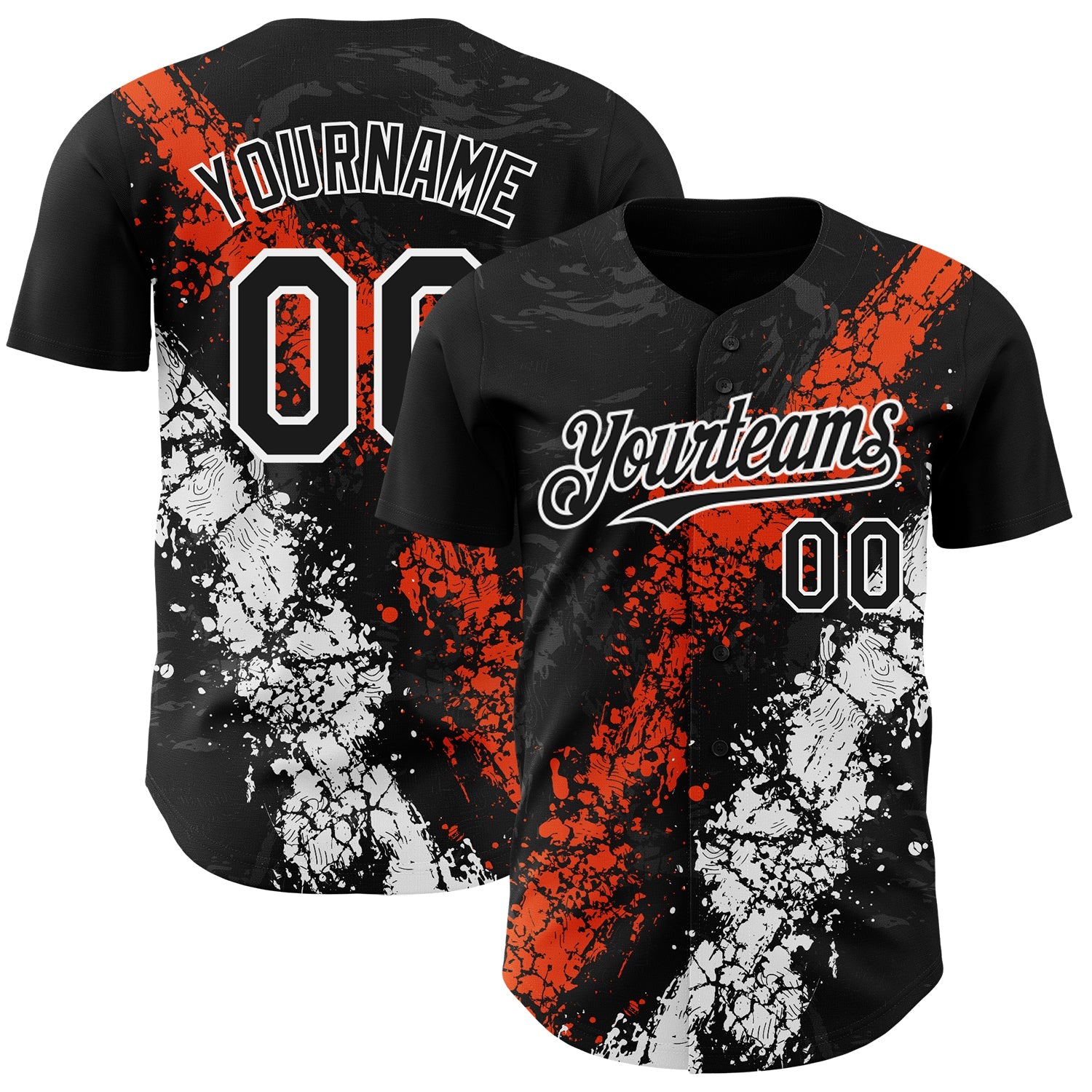 Custom Black Orange-White 3D Pattern Design Splash Authentic Baseball Jersey