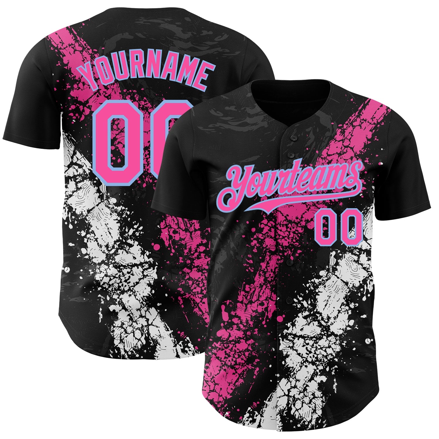 Custom Black Pink Light Blue-White 3D Pattern Design Splash Authentic Baseball Jersey