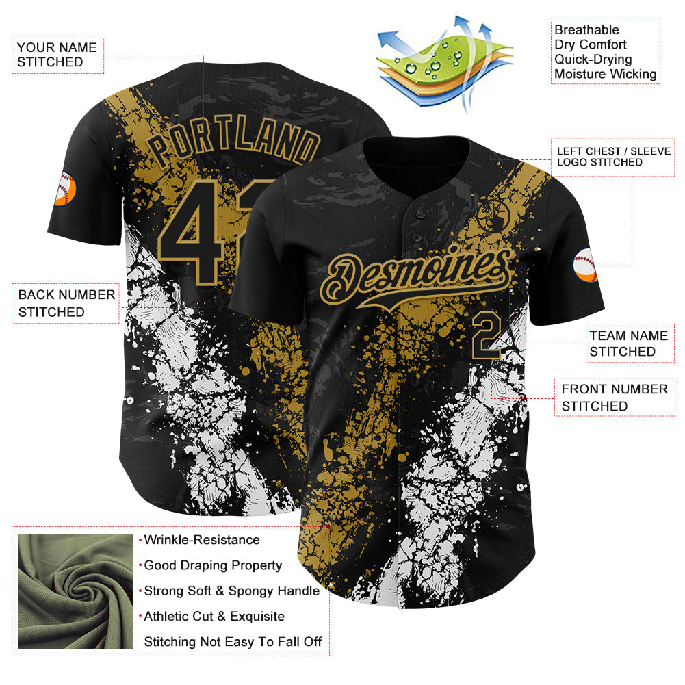 Custom Black Old Gold-White 3D Pattern Design Splash Authentic Baseball Jersey