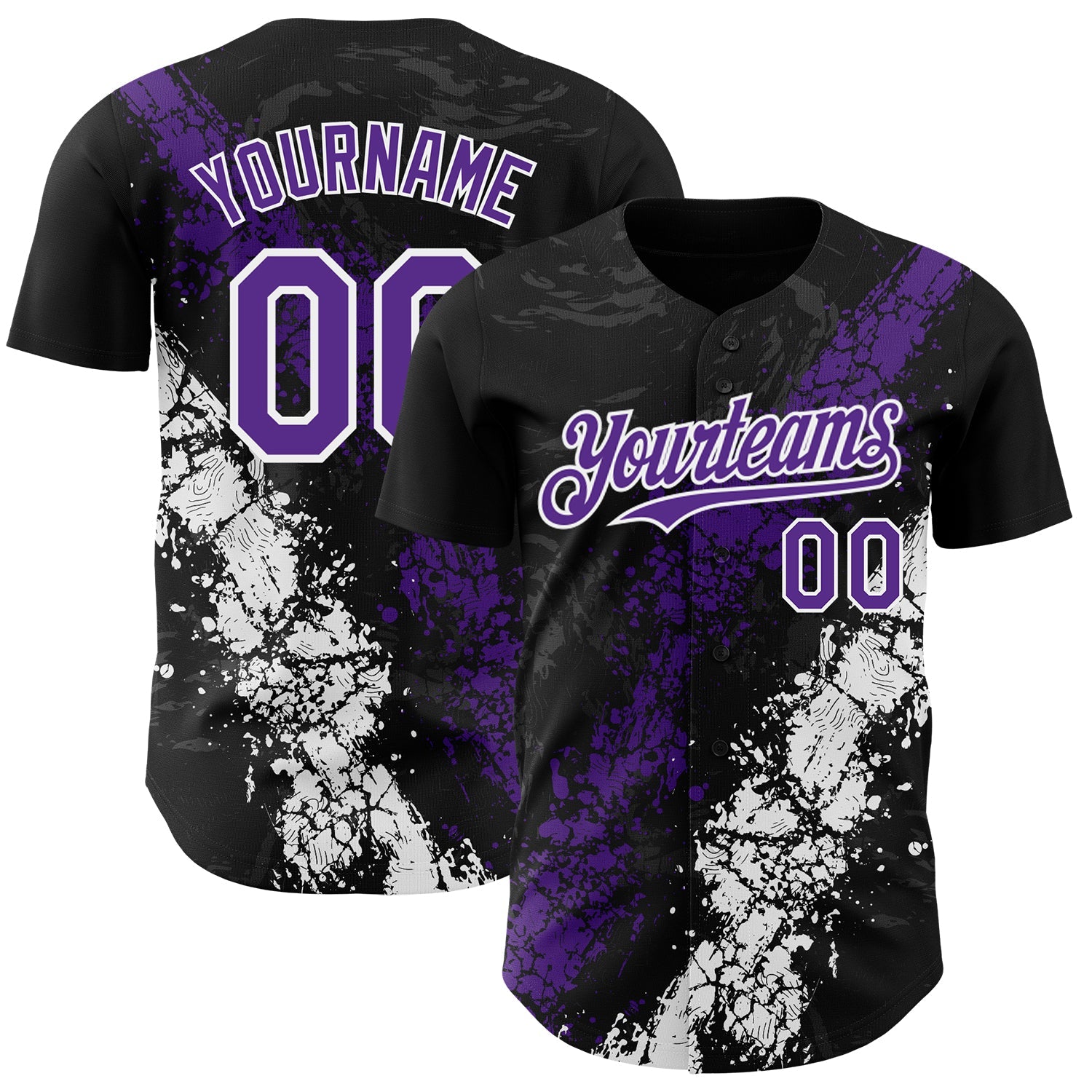 Custom Black Purple-White 3D Pattern Design Splash Authentic Baseball Jersey