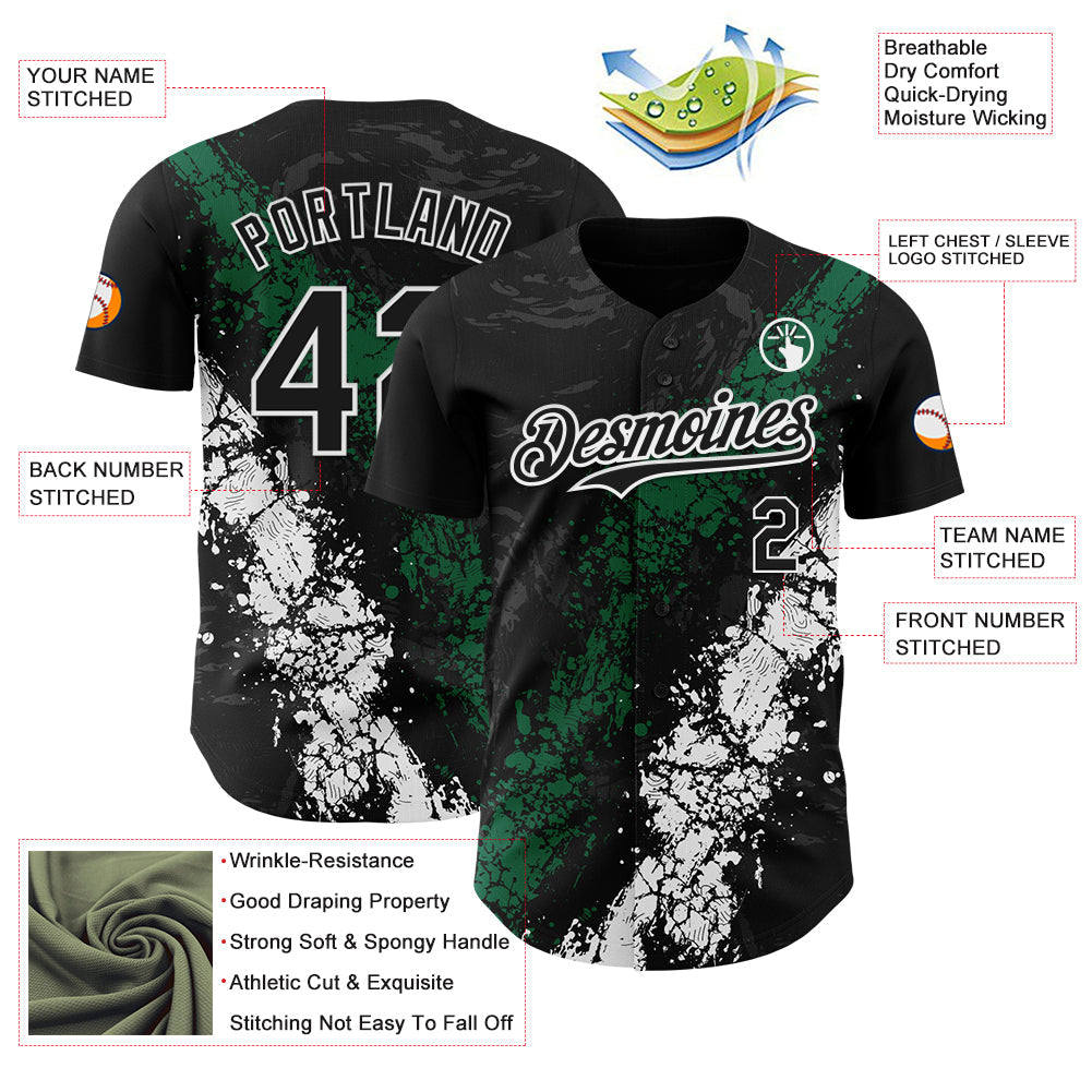 Custom Black Kelly Green-White 3D Pattern Design Splash Authentic Baseball Jersey
