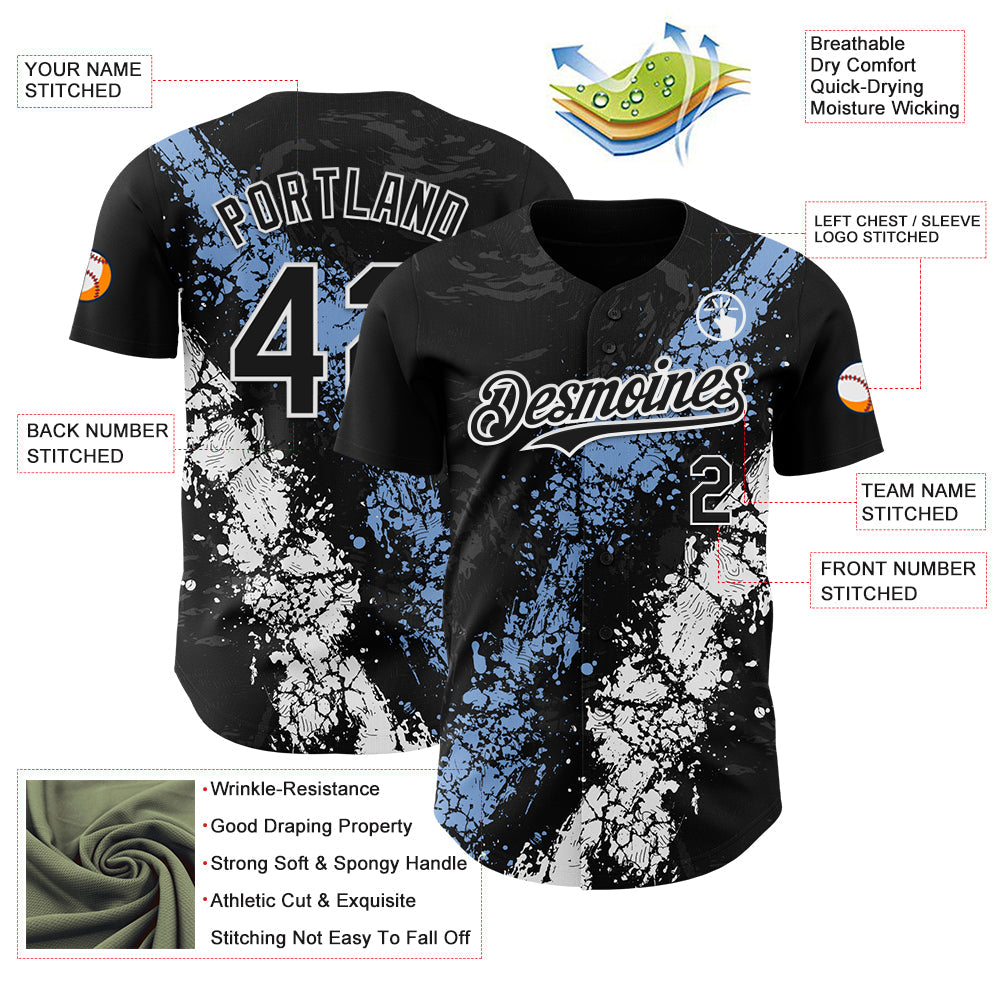 Custom Black Light Blue-White 3D Pattern Design Splash Authentic Baseball Jersey