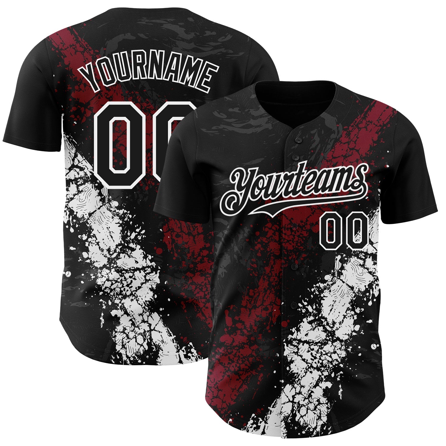 Custom Black Crimson-White 3D Pattern Design Splash Authentic Baseball Jersey