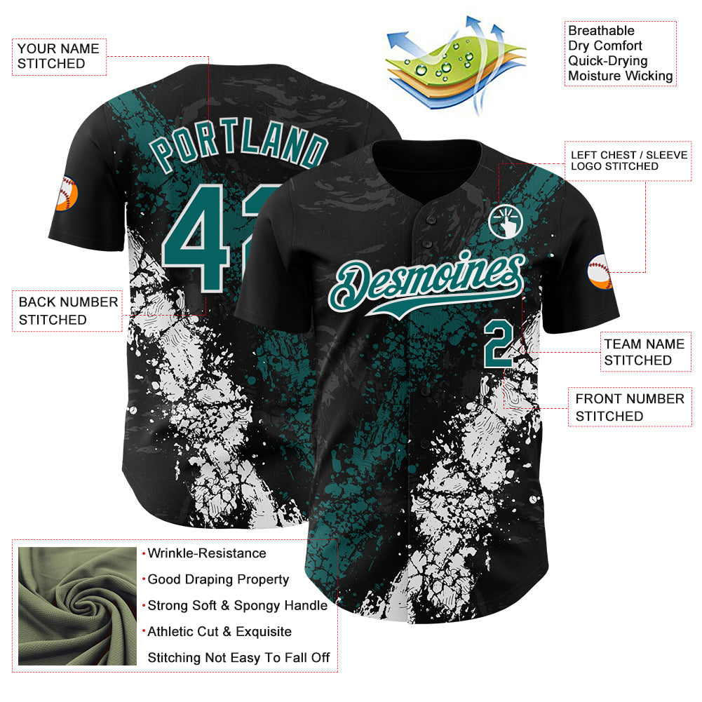 Custom Black Teal-White 3D Pattern Design Splash Authentic Baseball Jersey