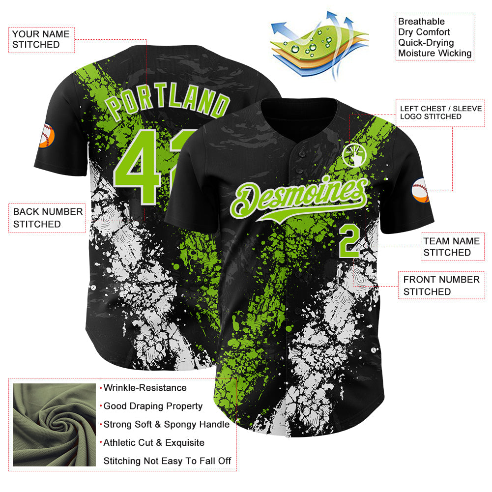 Custom Black Neon Green-White 3D Pattern Design Splash Authentic Baseball Jersey