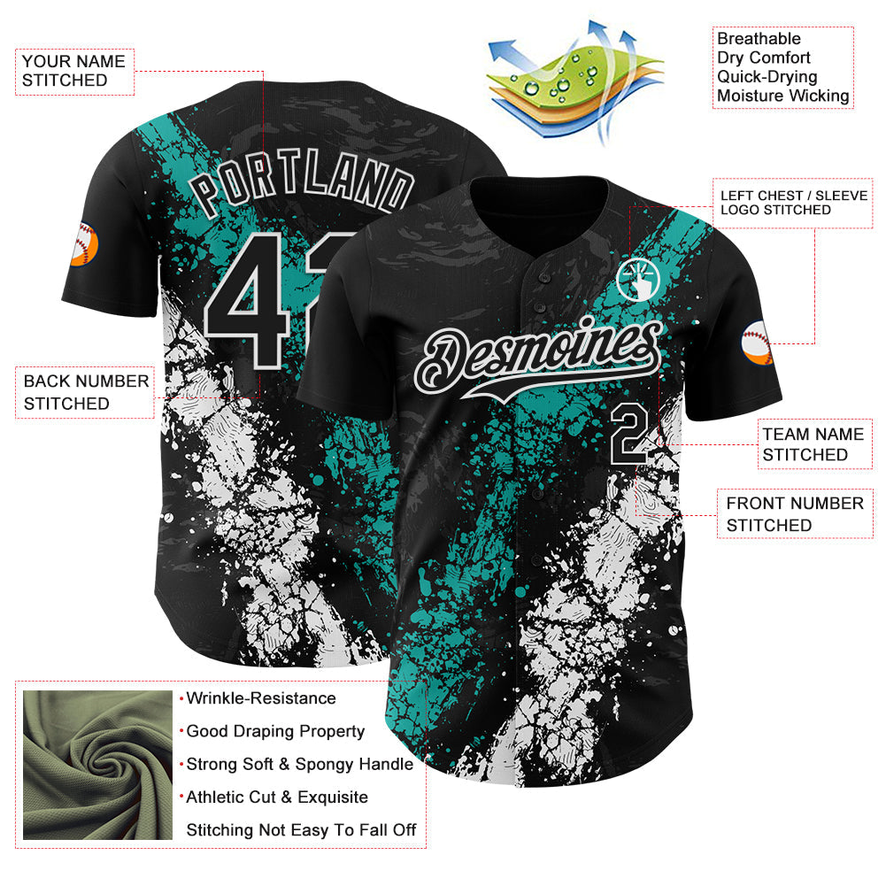 Custom Black Aqua-White 3D Pattern Design Splash Authentic Baseball Jersey