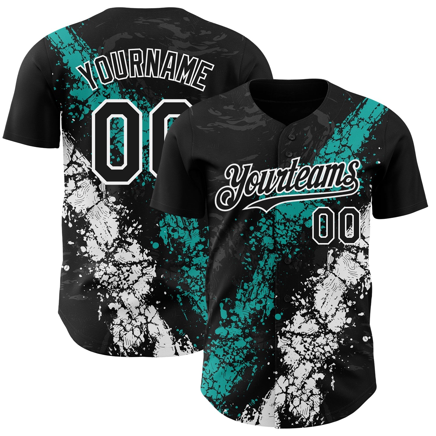 Custom Black Aqua-White 3D Pattern Design Splash Authentic Baseball Jersey