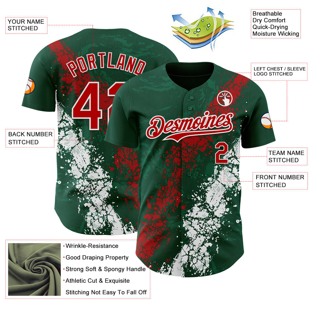 Custom Green Red-White 3D Pattern Design Splash Authentic Baseball Jersey