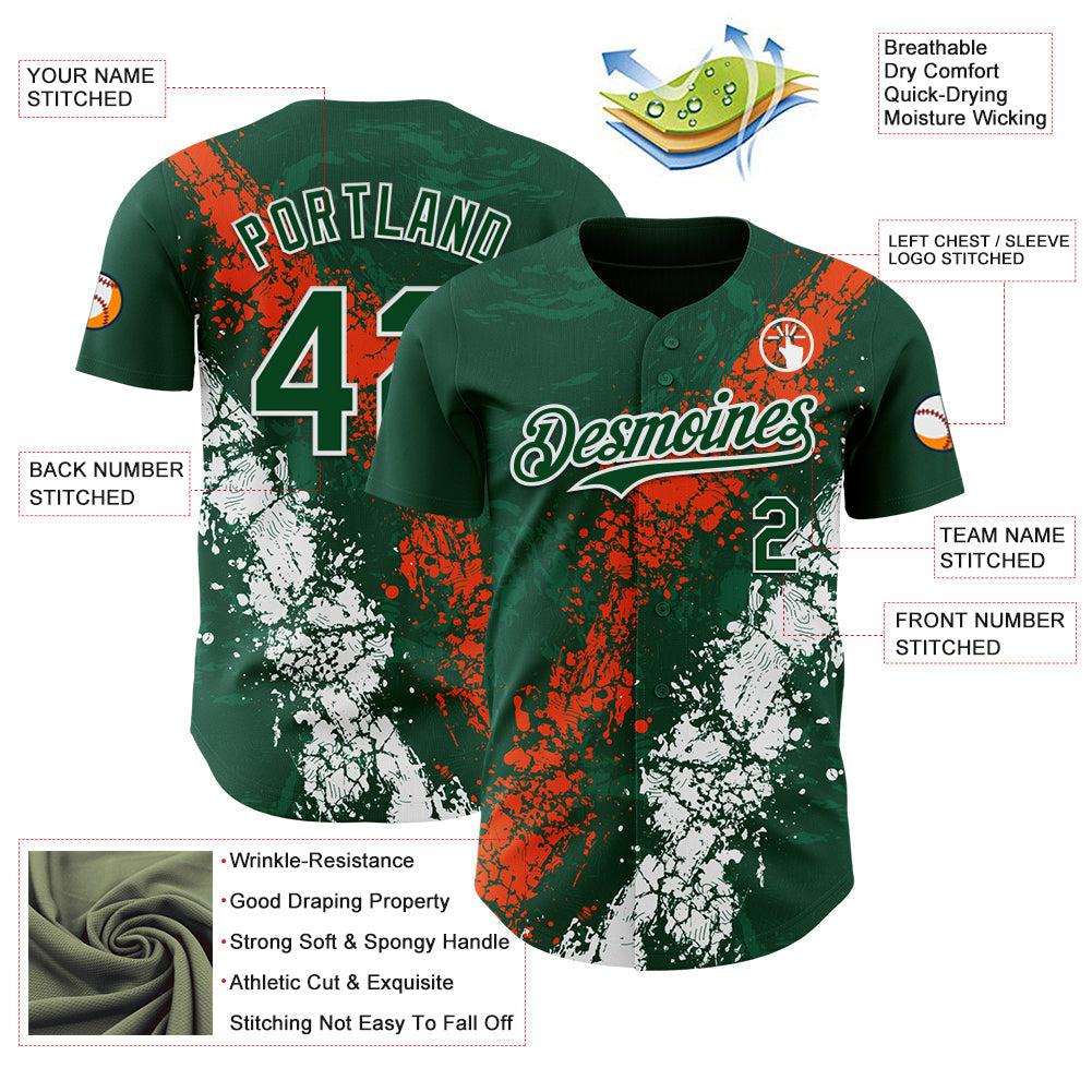 Custom Green Orange-White 3D Pattern Design Splash Authentic Baseball Jersey