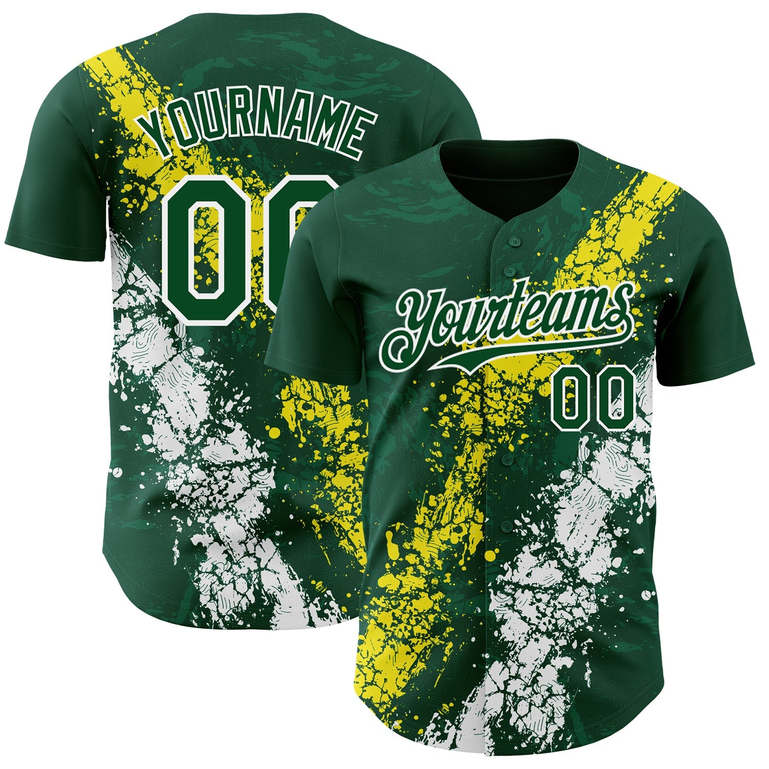 Custom Green Light Yellow-White 3D Pattern Design Splash Authentic Baseball Jersey