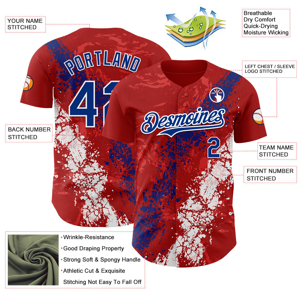 Custom Red Royal-White 3D Pattern Design Splash Authentic Baseball Jersey