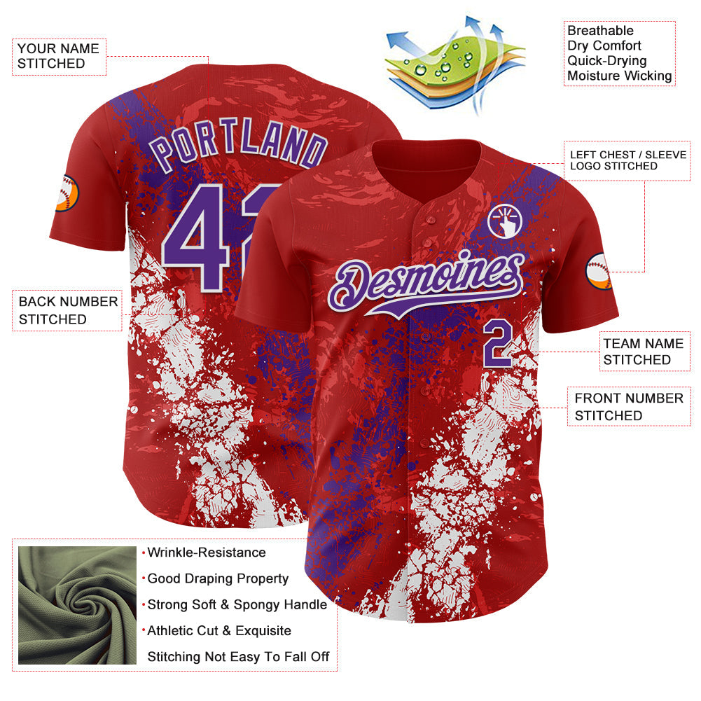 Custom Red Purple-White 3D Pattern Design Splash Authentic Baseball Jersey