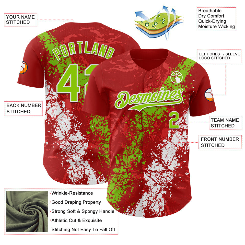 Custom Red Neon Green-White 3D Pattern Design Splash Authentic Baseball Jersey