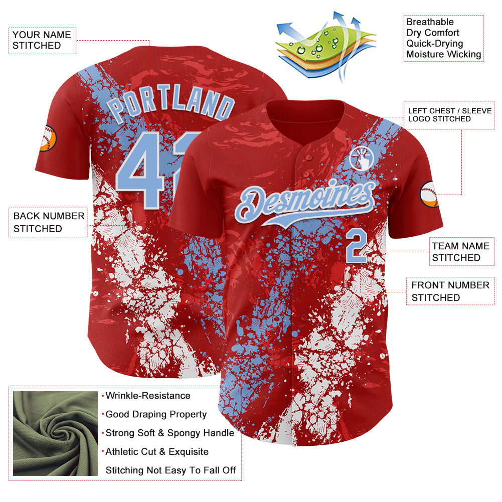 Custom Red Light Blue-White 3D Pattern Design Splash Authentic Baseball Jersey