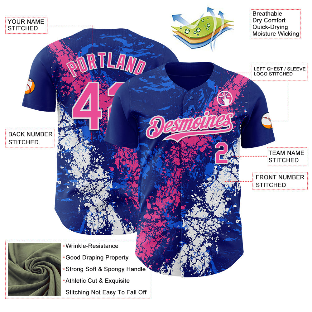 Custom Royal Pink-White 3D Pattern Design Splash Authentic Baseball Jersey