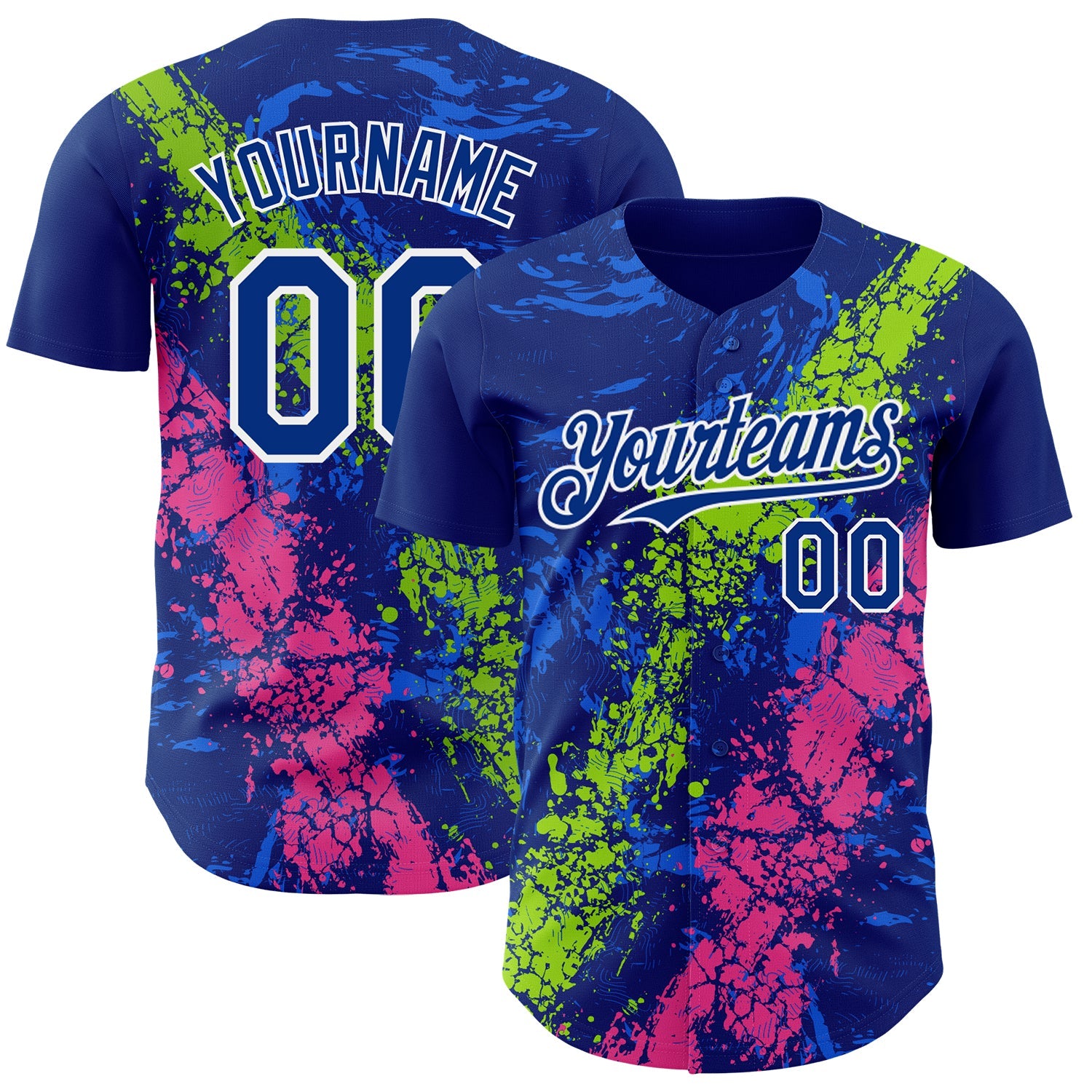 Custom Royal Neon Green Pink-White 3D Pattern Design Splash Authentic Baseball Jersey