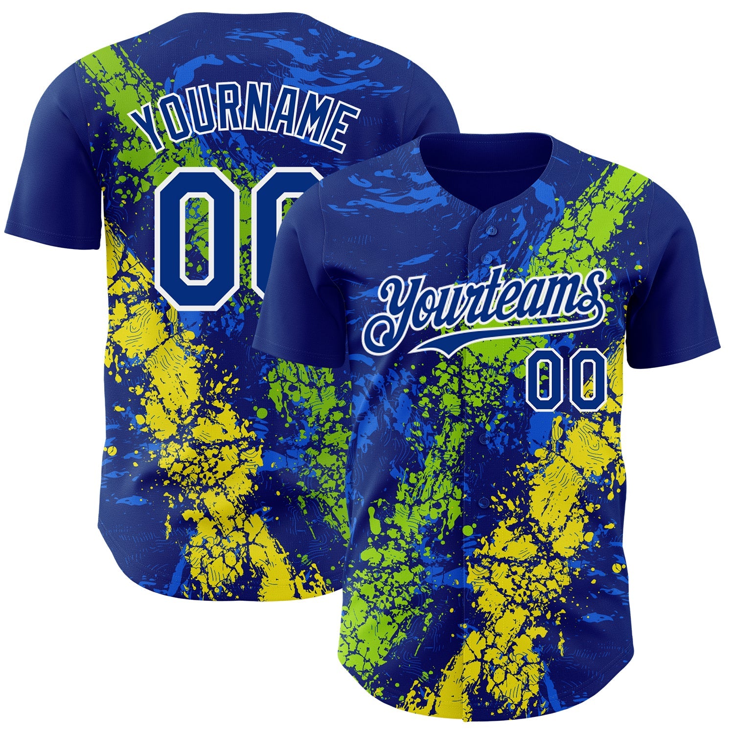 Custom Royal Neon Green Light Yellow-White 3D Pattern Design Splash Authentic Baseball Jersey