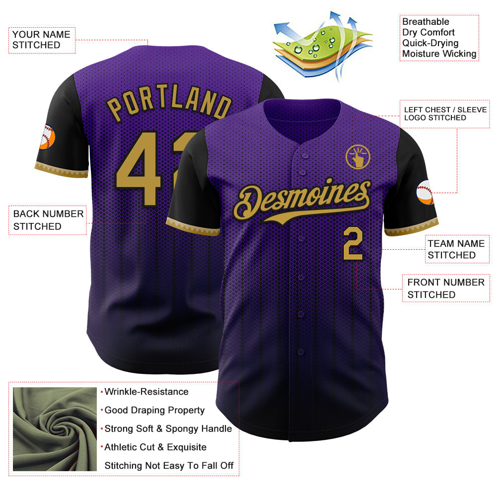 Custom Purple Old Gold-Black 3D Pattern Design Gradient Geometric Shape Authentic Baseball Jersey