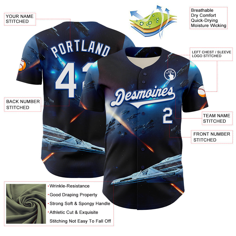 Custom Blue White-Royal 3D Pattern Design Outer Space Starships Authentic Baseball Jersey