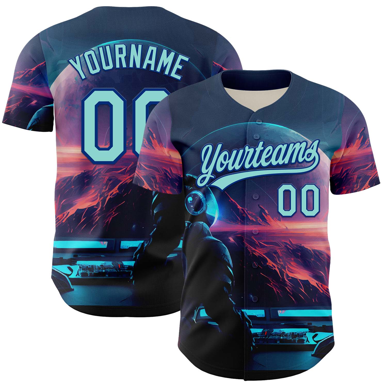 Custom Blue Ice Blue-Royal 3D Pattern Design Outer Space Starships Authentic Baseball Jersey