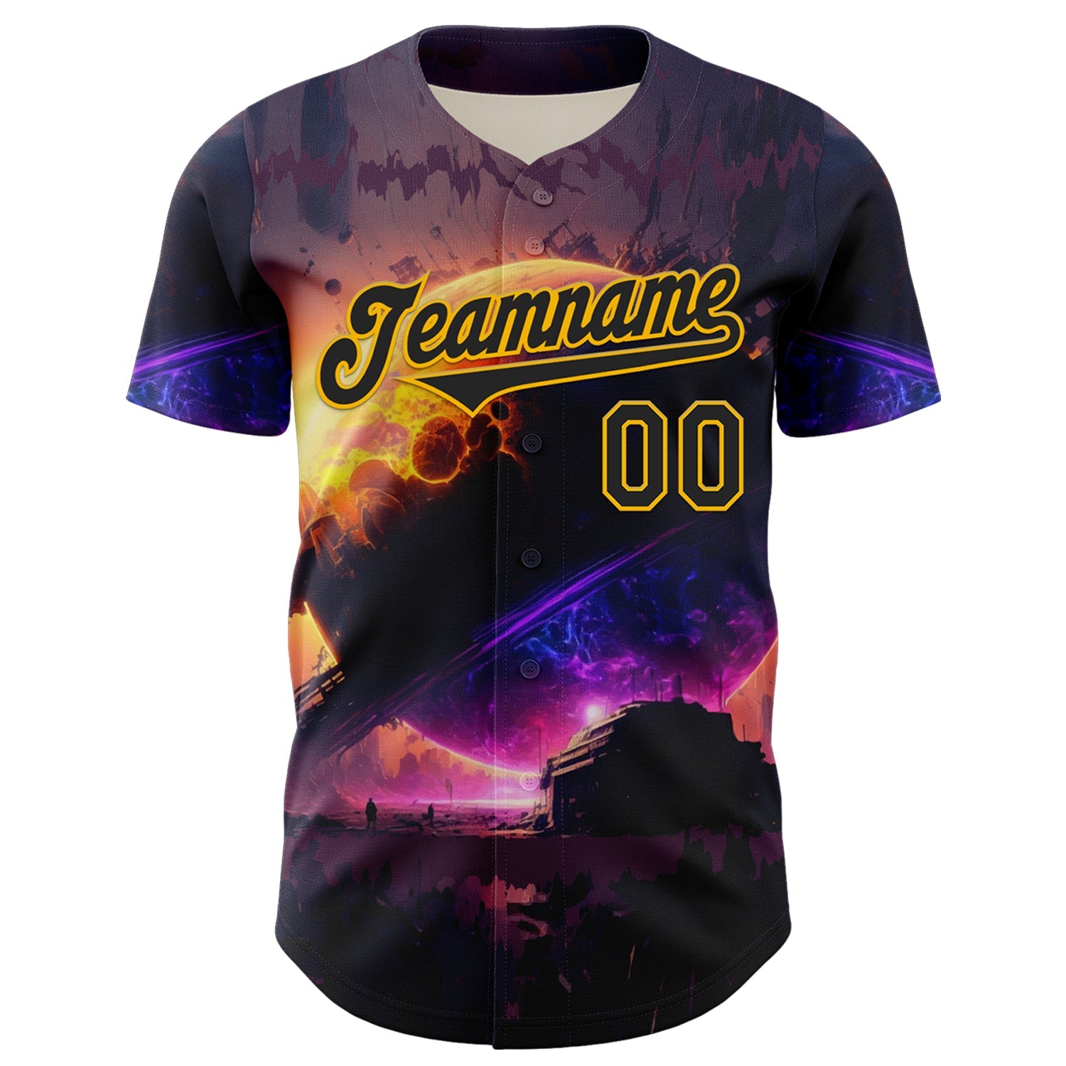 Custom Black Gold 3D Pattern Design Outer Space Solar Authentic Baseball Jersey