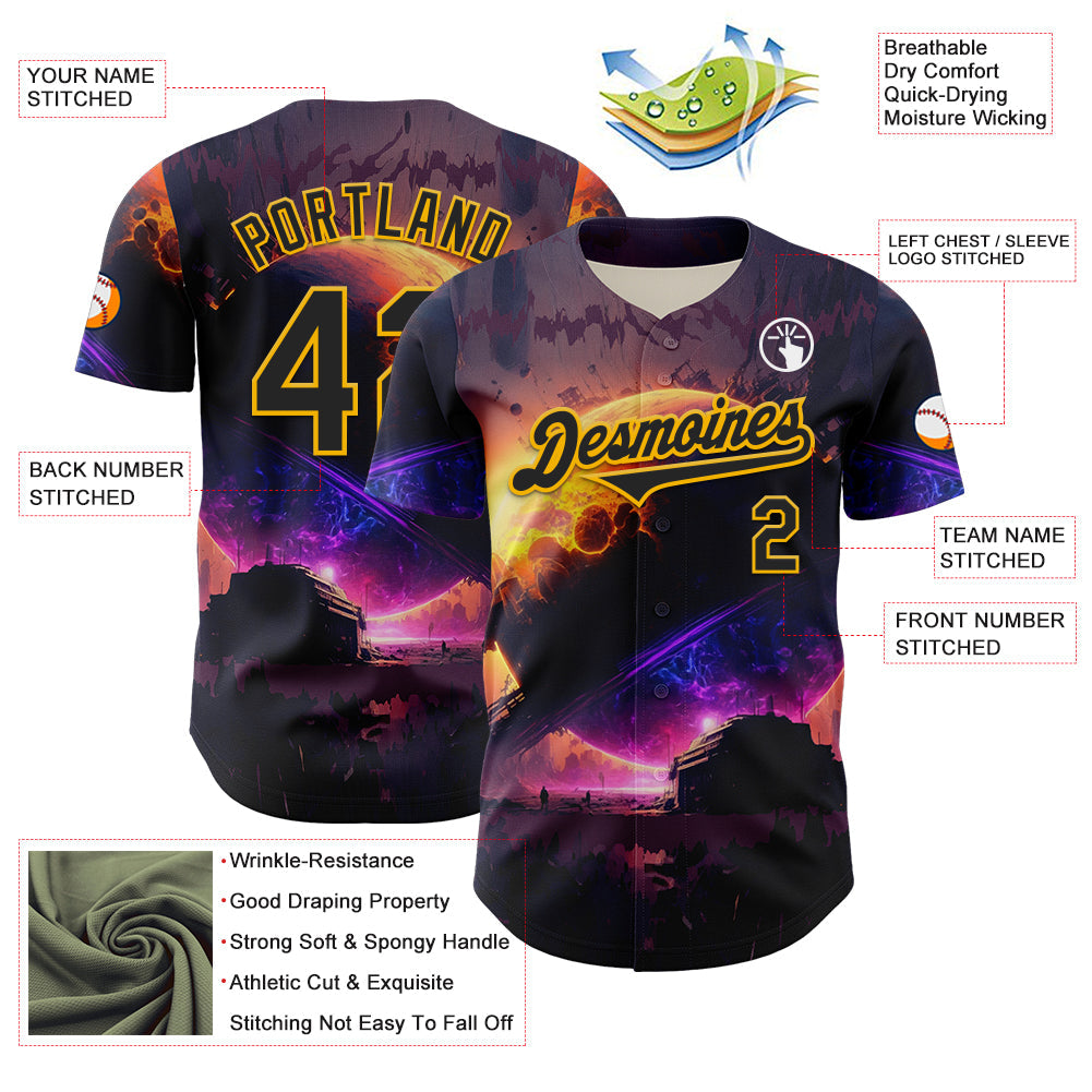 Custom Black Gold 3D Pattern Design Outer Space Solar Authentic Baseball Jersey