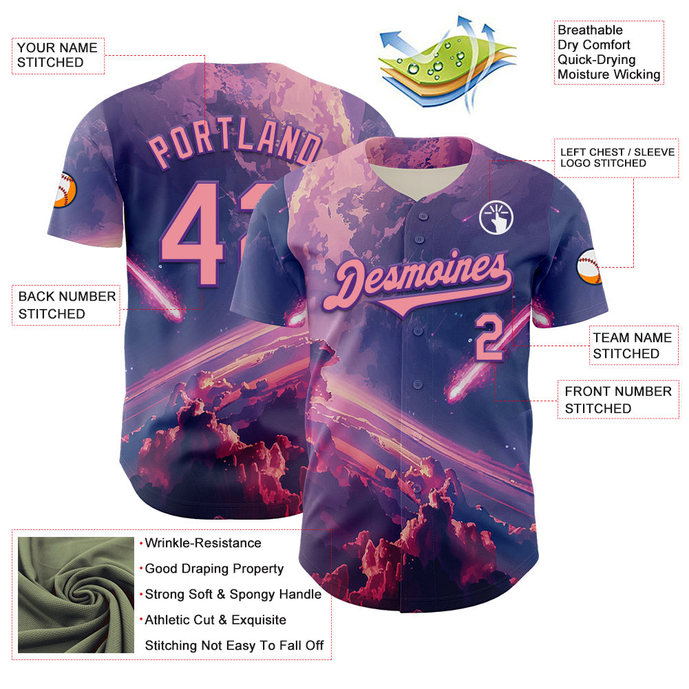 Custom Purple Medium Pink 3D Pattern Design Outer Space Authentic Baseball Jersey