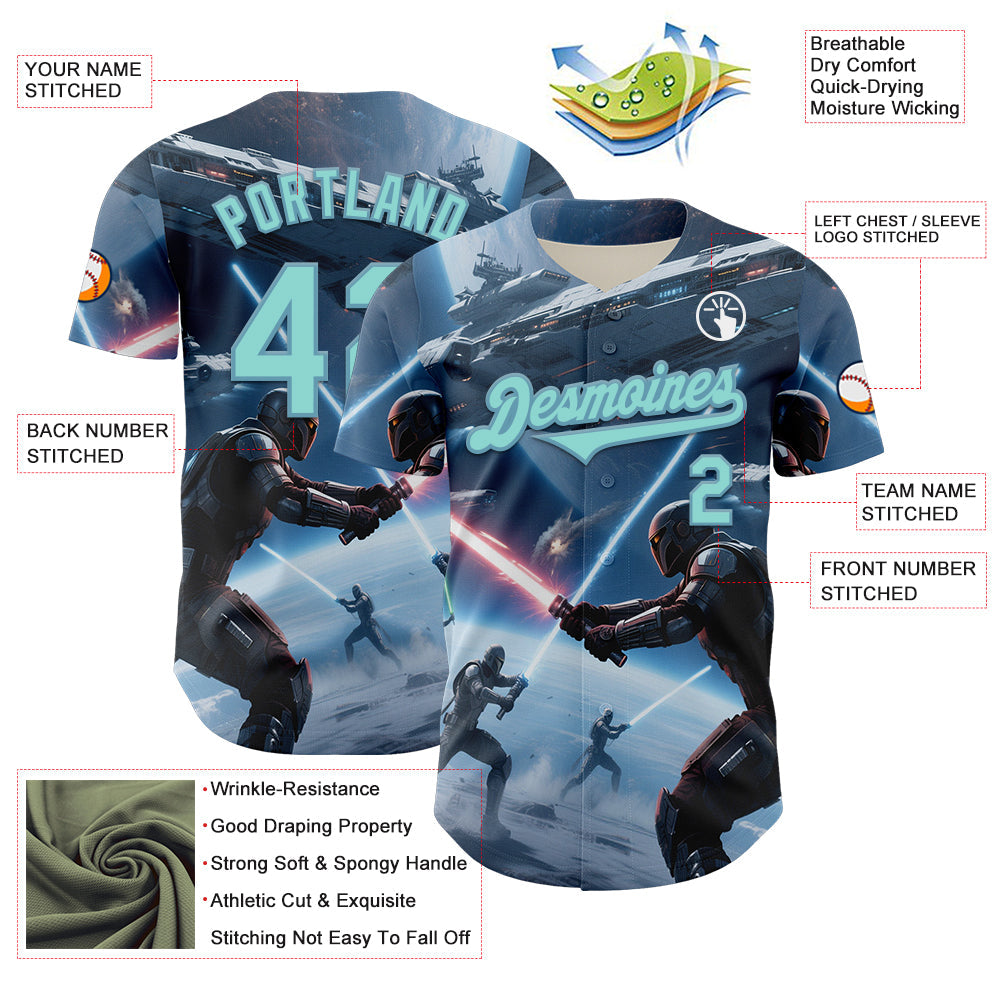 Custom Blue Ice Blue-Shadow Blue 3D Pattern Design Outer Space Light Swords Starships Authentic Baseball Jersey
