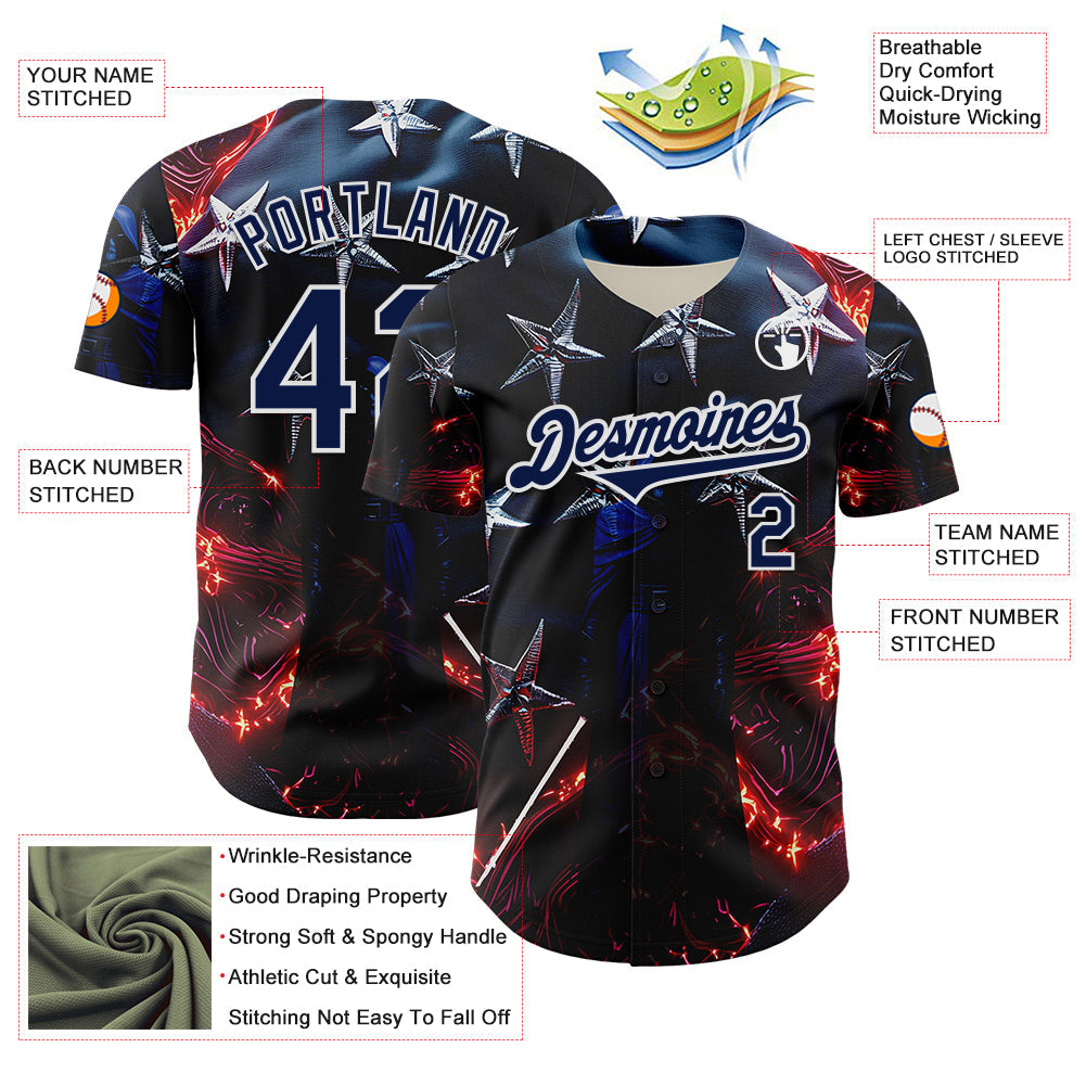 Custom Blue Navy-White 3D Pattern Design Outer Space Light Swords American Flag Authentic Baseball Jersey
