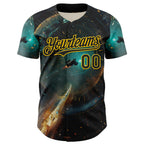 Custom Blue Black-Yellow 3D Pattern Design Outer Space Starships Authentic Baseball Jersey