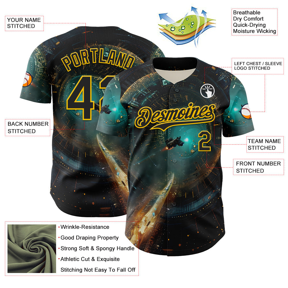 Custom Blue Black-Yellow 3D Pattern Design Outer Space Starships Authentic Baseball Jersey
