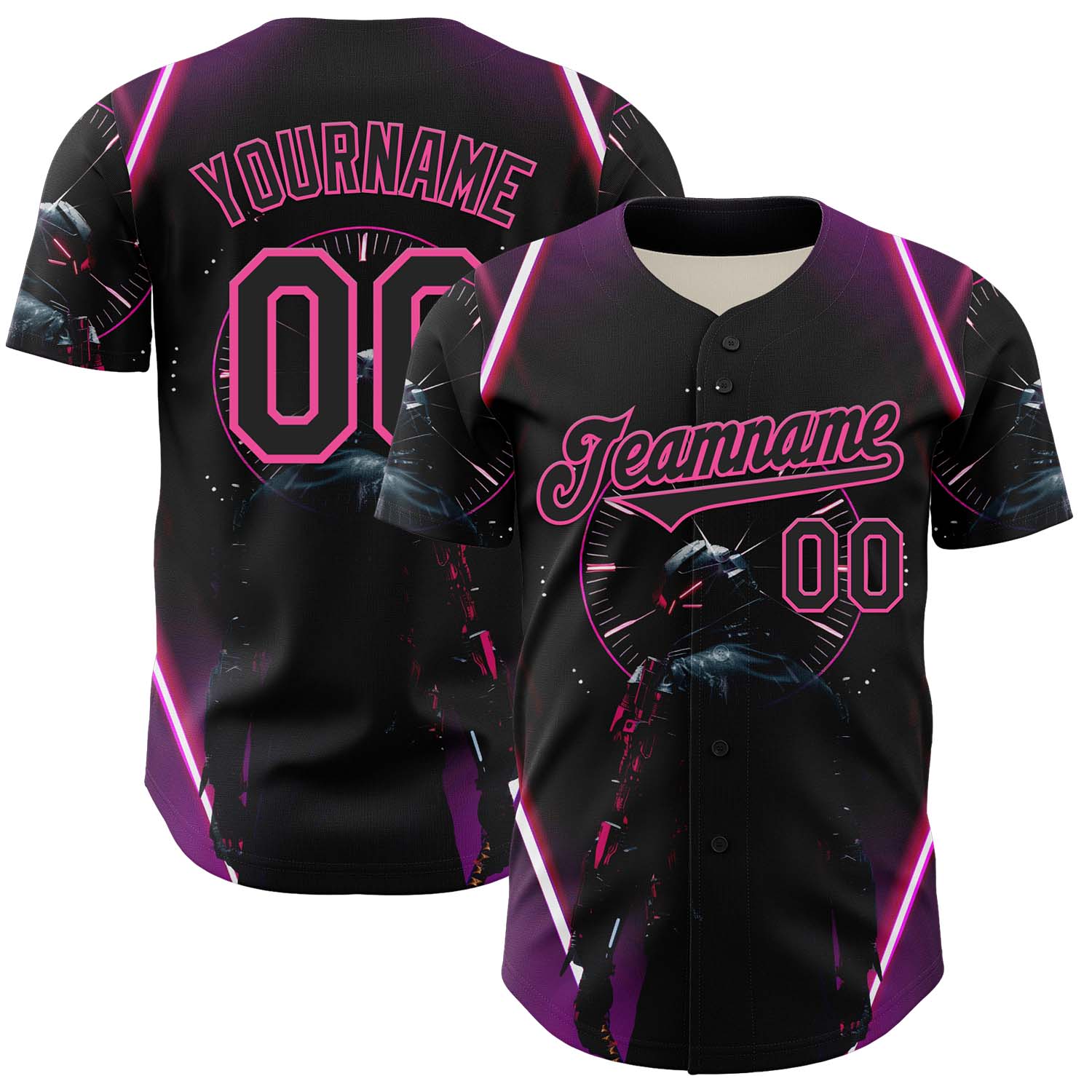 Custom Blue Black-Pink 3D Pattern Design Outer Space Light Swords Authentic Baseball Jersey