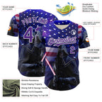 Custom Blue Purple-White 3D Pattern Design Outer Space Light Swords American Flag Authentic Baseball Jersey